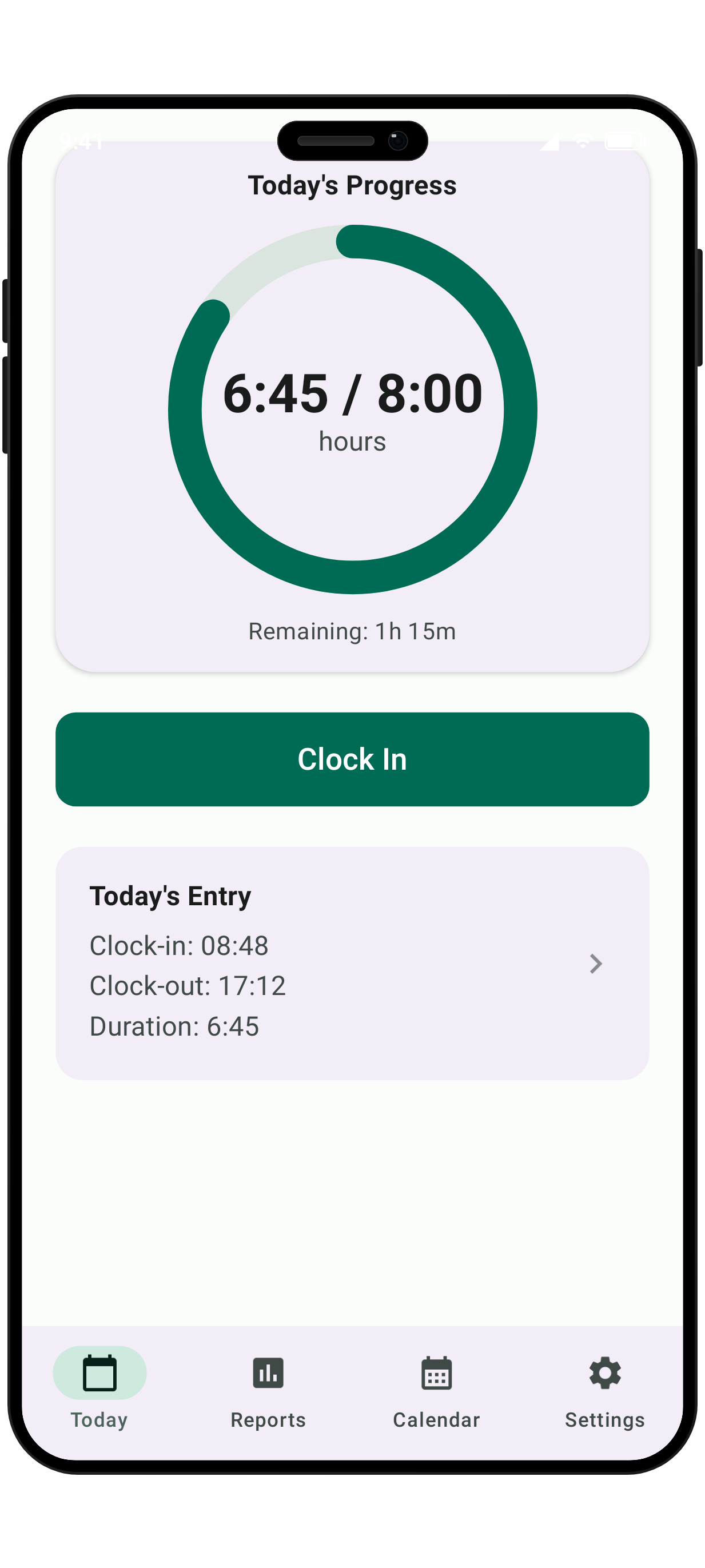 WorkClock daily progress screen on an Android phone